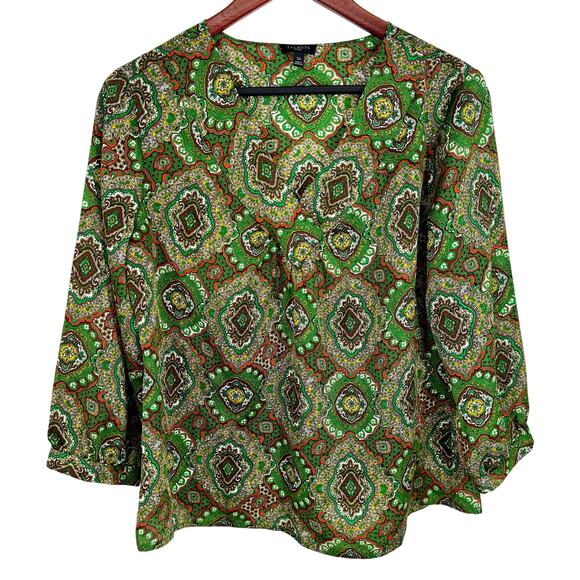 Talbots Tops - Talbots Sz 12P Petite Silky Green Orange Formal Business Blouse Shirt Top Artsy